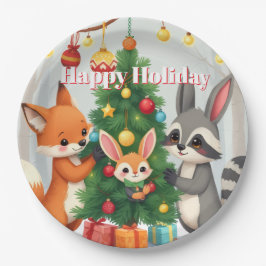 Plato De Papel Cute Fox, Mapache y Conejito Recuerdo Navideño