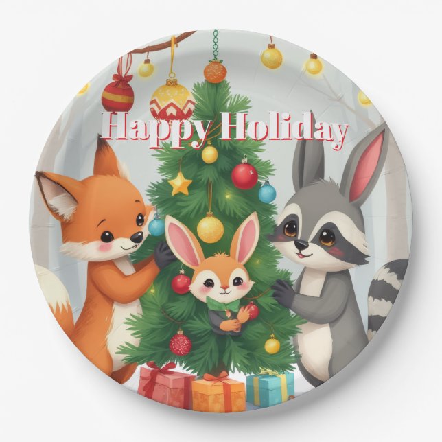 Plato De Papel Cute Fox, Mapache y Conejito Recuerdo Navideño (Anverso)