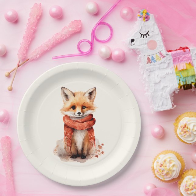 Plato De Papel Cute Fox Pup in a Red Scarf (Fiesta)