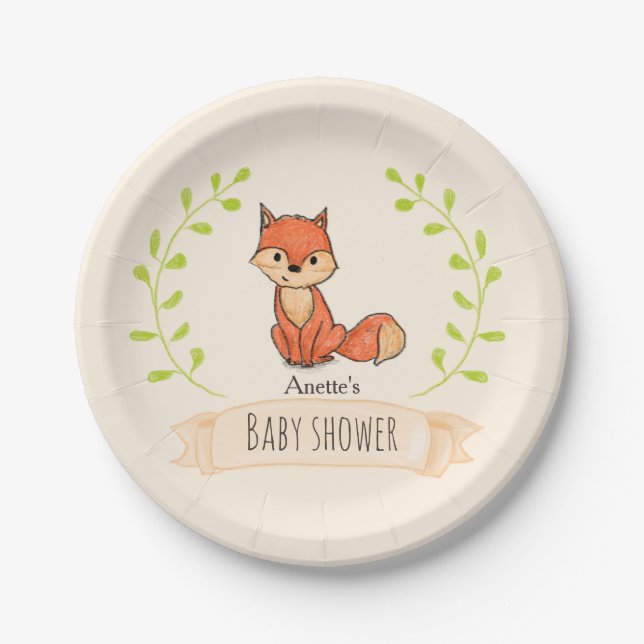 Plato De Papel Cute Fox Woodland Baby Shower (Anverso)