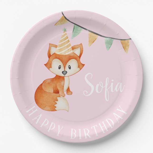 Plato De Papel Cute Fox Woodland Happy Birday pink Balloon (Anverso)
