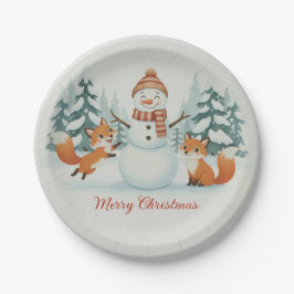 Plato De Papel Cute Foxes and Snowman Merry Christmas