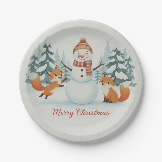 Plato De Papel Cute Foxes and Snowman Merry Christmas (Anverso)