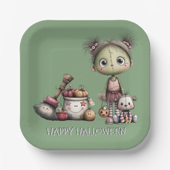 Plato De Papel Cute Frankenstein Chica Kids Halloween (Anverso)