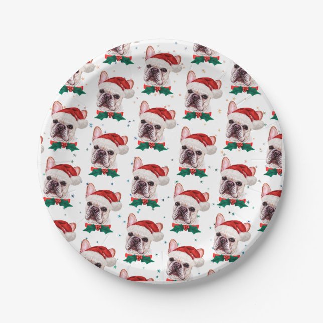 Plato De Papel Cute French Bulldog Dog Christmas Pattern (Anverso)