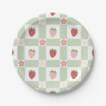 Plato de Papel Cute Fresa Gingham Verde Pastel
