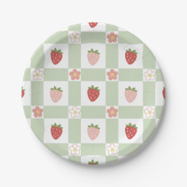 Plato de Papel Cute Fresa Gingham Verde Pastel