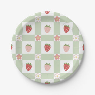 Plato de Papel Cute Fresa Gingham Verde Pastel