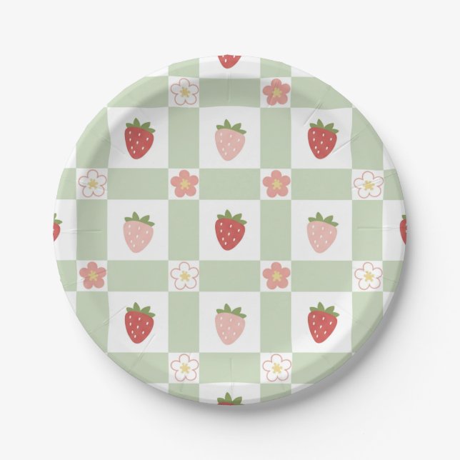 Plato de Papel Cute Fresa Gingham Verde Pastel (Anverso)