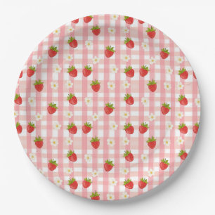 Plato De Papel Cute fresa y flores en un cuadros rosa