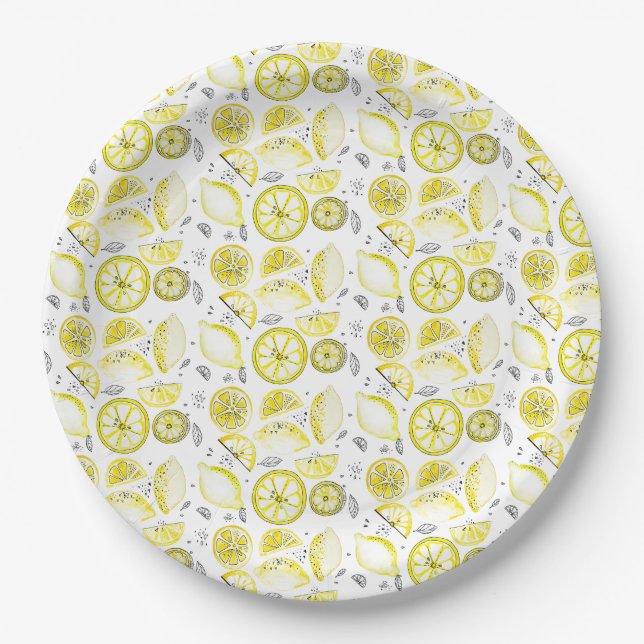 Plato De Papel Cute Fresco Verano Citrus Lemon Doodle Amarillo (Anverso)