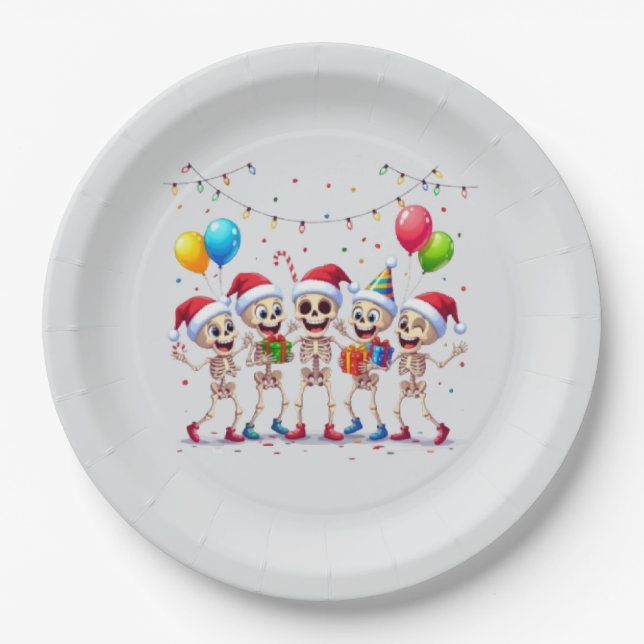 Plato De Papel Cute Funny Skeletons Christmas & New Year Celebrat (Anverso)