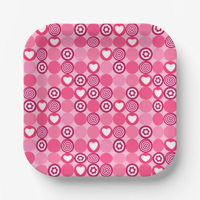 Plato De Papel Cute Galentine's Day Pink Heart and Flower Pattern (Anverso)