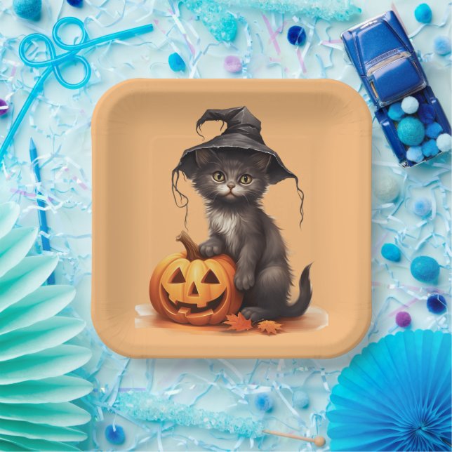 Plato De Papel Cute gato de Halloween (Fiesta)
