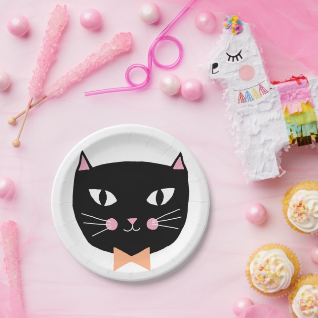 Plato De Papel Cute gato negro compadre Tie Halloween cumpleaños (Fiesta)