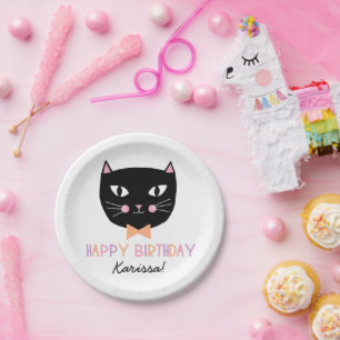 Plato De Papel Cute gato negro nombre de cumpleaños papel