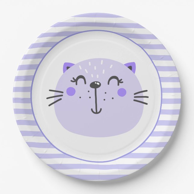 Plato De Papel Cute Gato Púrpura | Placas de papel Baby Shower (Anverso)