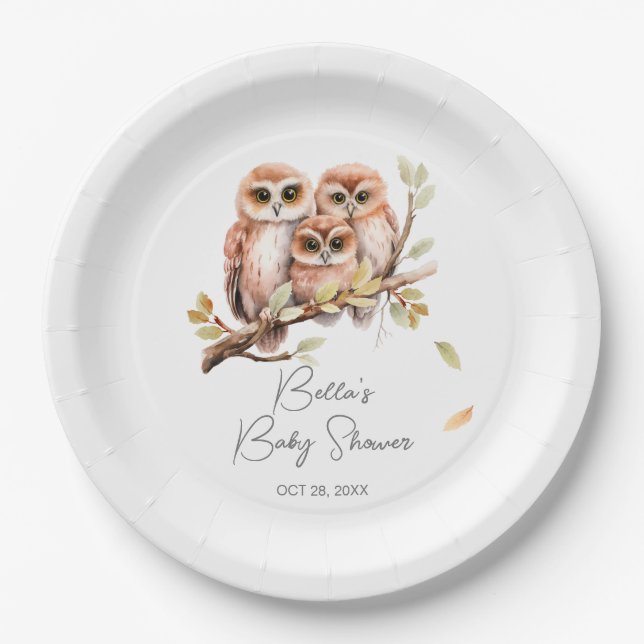 Plato De Papel Cute Gender Neutral Owl Baby Shower (Anverso)