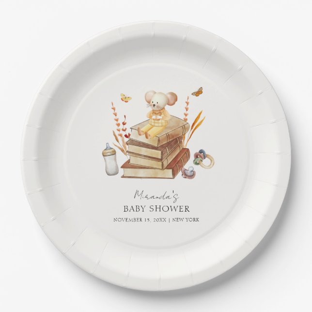 Plato De Papel Cute género Neutral Boho Book Mouse Baby Shower (Anverso)