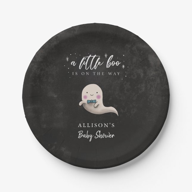 Plato De Papel Cute Ghost Bow Tie Little Boo Baby Shower (Anverso)