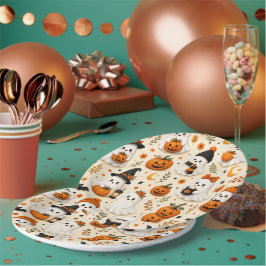 Plato De Papel Cute Ghost & Pumpkin Patrón de Halloween Redondo