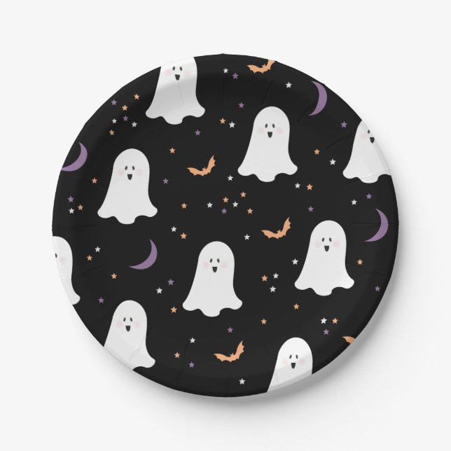 Plato De Papel Cute Ghosts Halloween Black Paper Plate (Anverso)