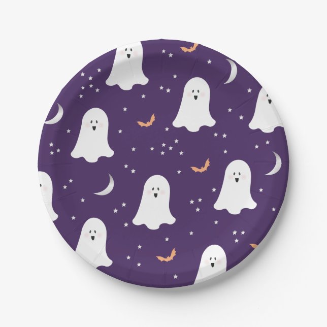 Plato De Papel Cute Ghosts Halloween Dark Purple Paper Plate (Anverso)