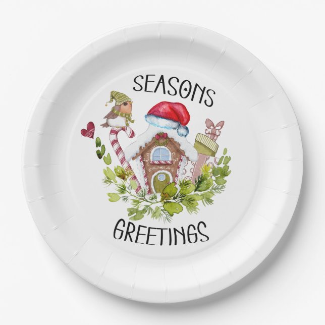 Plato De Papel Cute Gingerbread House Seasons Greetings Navidades (Anverso)