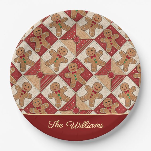 Plato De Papel Cute Gingerbread Man Patchwork Pattern Style (Anverso)