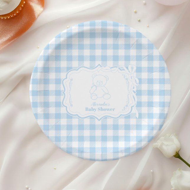 Plato De Papel Cute Gingham French Teddy Bear Baby Shower (Subido por el creador)