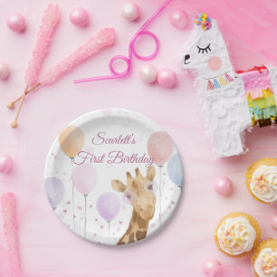 Plato De Papel Cute Giraffe Chica de globo colorido 1º cumpleaños