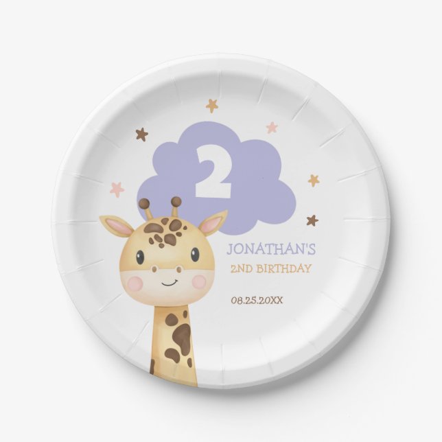 Plato De Papel Cute Giraffe Safari Animal Kids Birthday (Anverso)