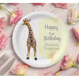 Plato De Papel Cute Giraffe Safari Yellow Fiesta de cumpleaños