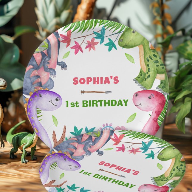 Plato De Papel Cute Girl Dinosaur 1st Birthday Party (Subido por el creador)
