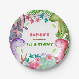 Plato De Papel Cute Girl Dinosaur 1st Birthday Party