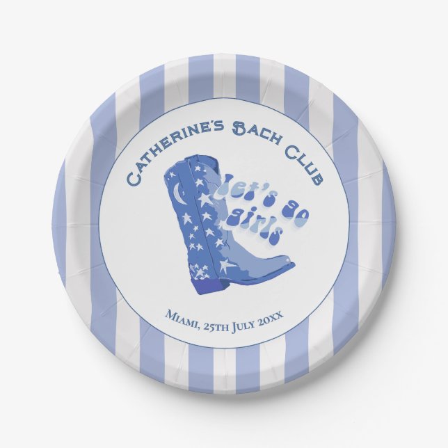 Plato De Papel Cute Girly Blue Cowgirl Boot Stripe (Anverso)