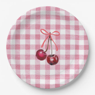 Plato De Papel Cute Girly Bow Cherry Pink Gingham Plaid