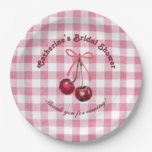 Plato De Papel Cute Girly Bow Cherry Rosa Cuadros Escoceses Nombr