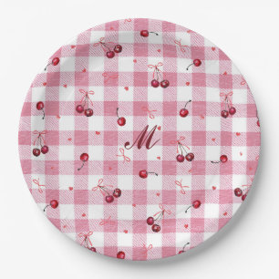 Plato De Papel Cute Girly Bows Cherries Pink Gingham Plaid Name