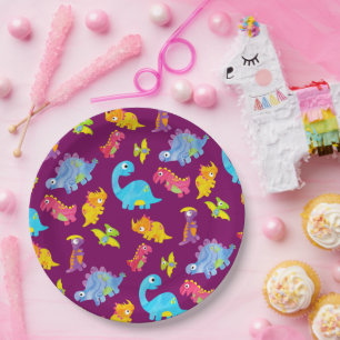 Plato De Papel Cute Girly Colorful Purple Dinosaur Tema Cumpleaño