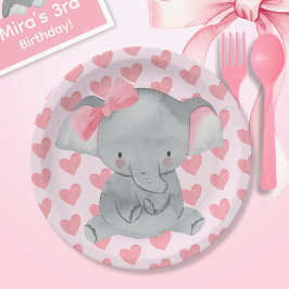 Plato De Papel Cute Girly Elephant Pink Bow Birthday Party 
