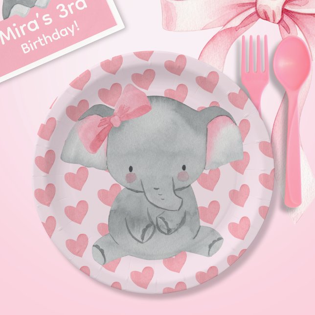 Plato De Papel Cute Girly Elephant Pink Bow Birthday Party  (Subido por el creador)