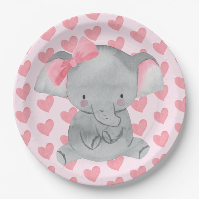 Plato De Papel Cute Girly Elephant Pink Bow Birthday Party  (Anverso)