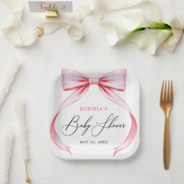Plato De Papel Cute Girly Pink Coquette Bow Baby Shower