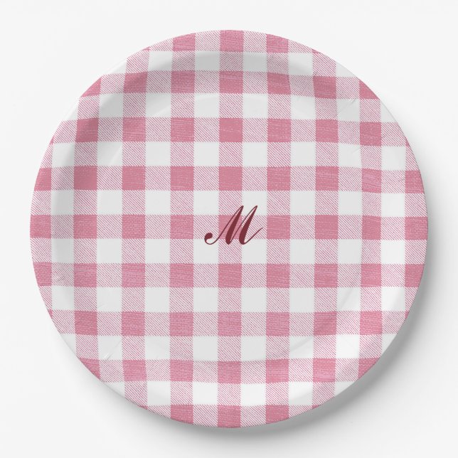Plato De Papel Cute Girly Rosa Cuadro de Gingham Monograma con No (Anverso)