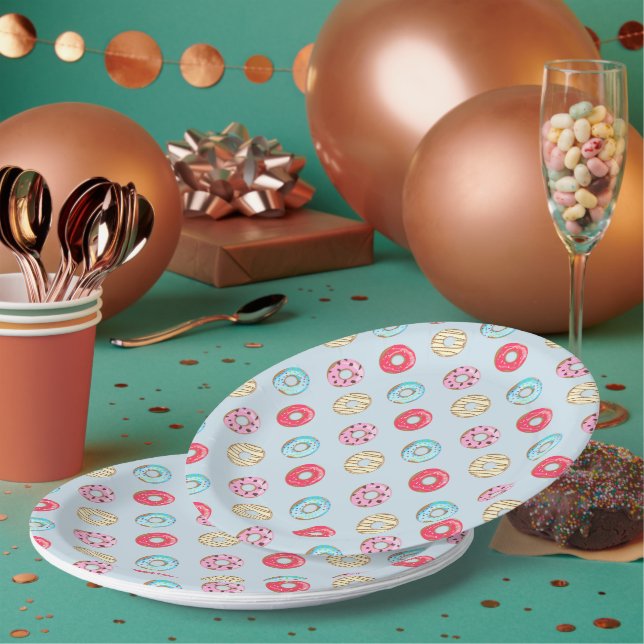 Plato De Papel Cute Glazed Doughnut Pattern Light Blue (Multi)