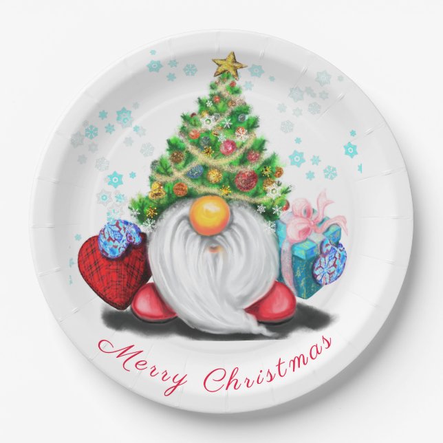 Plato De Papel Cute Gnome with Christmas Tree Hat and Gift  (Anverso)