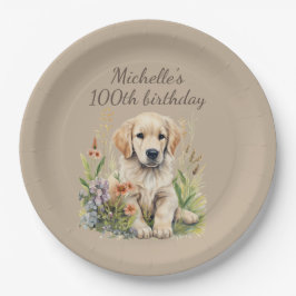 Plato De Papel Cute Golden Retriever Puppy 100 cumpleaños