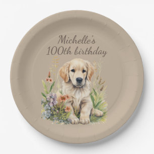 Plato De Papel Cute Golden Retriever Puppy 100 cumpleaños