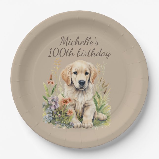 Plato De Papel Cute Golden Retriever Puppy 100 cumpleaños (Anverso)